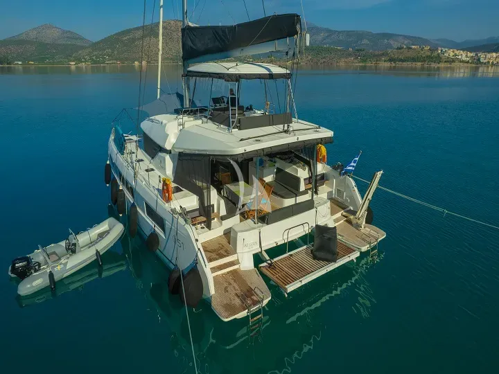 Exterior view of Aegeus, a Lagoon 51 catamaran at Athens, Greece