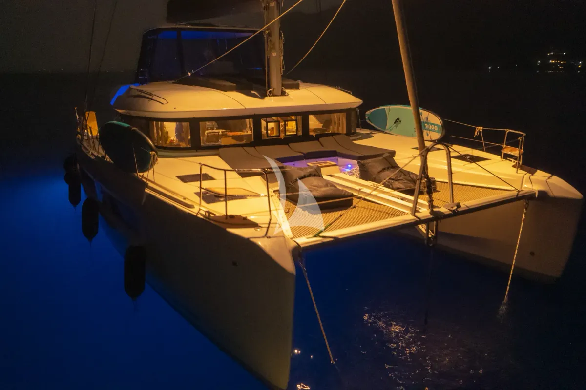 Exterior view of Aegeus, a Lagoon 51 catamaran at Athens, Greece