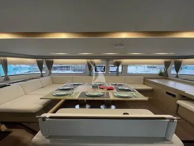 Salon of Aegeus, a Lagoon 51 catamaran at Athens, Greece