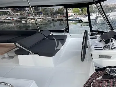 Cockpit of Aegeus, a Lagoon 51 catamaran at Athens, Greece