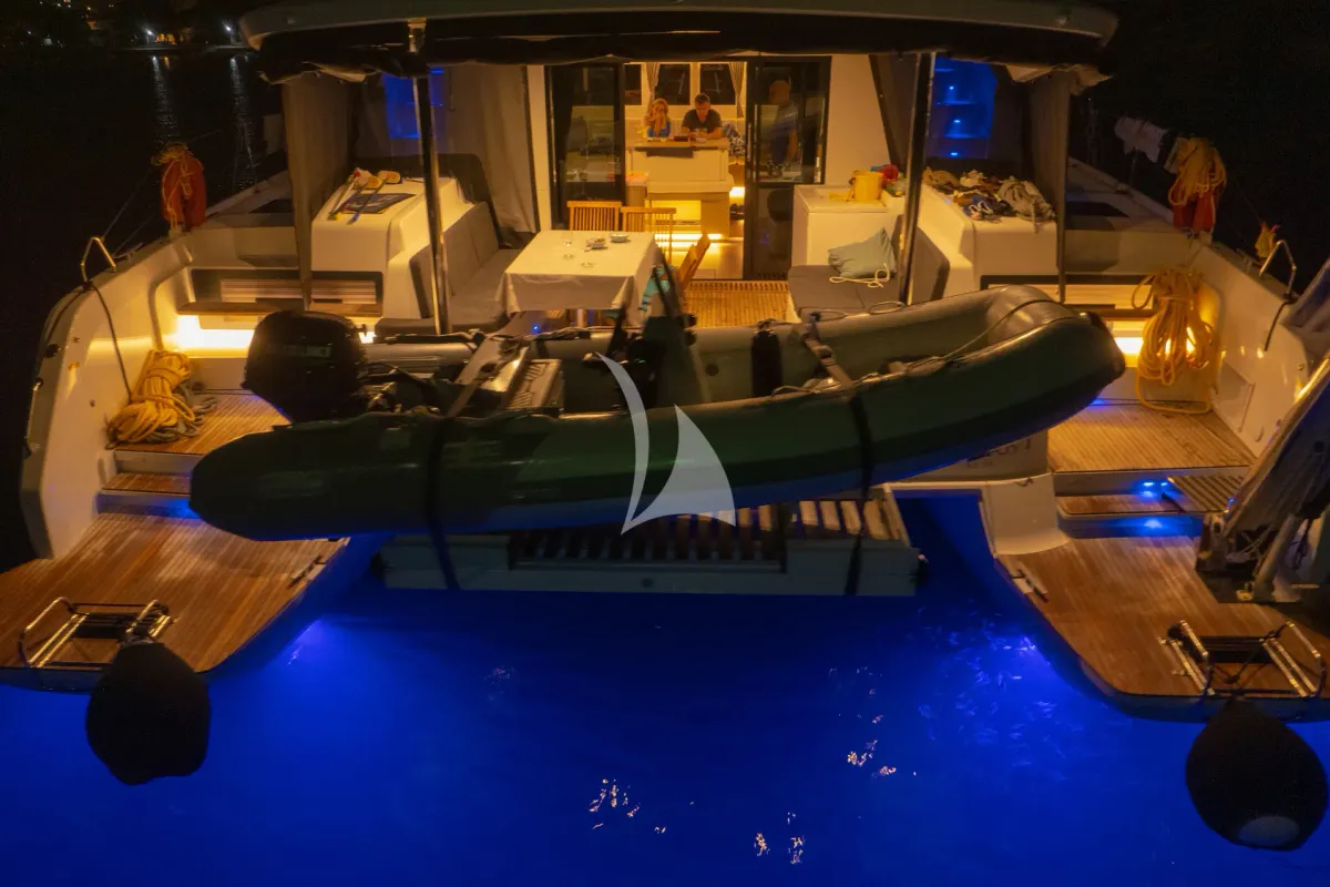 Exterior view of Aegeus, a Lagoon 51 catamaran at Athens, Greece