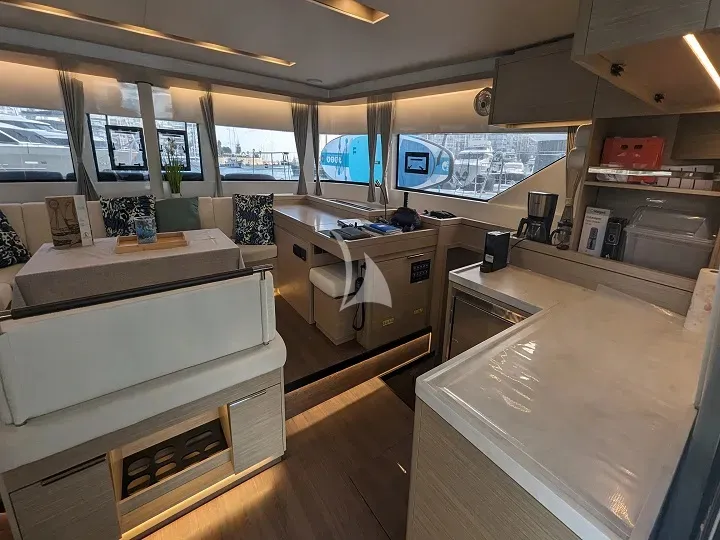 Salon of Aegeus, a Lagoon 51 catamaran at Athens, Greece