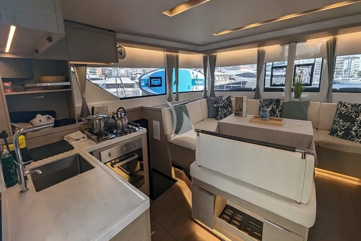Salon of Aegeus, a Lagoon 51 catamaran at Athens, Greece