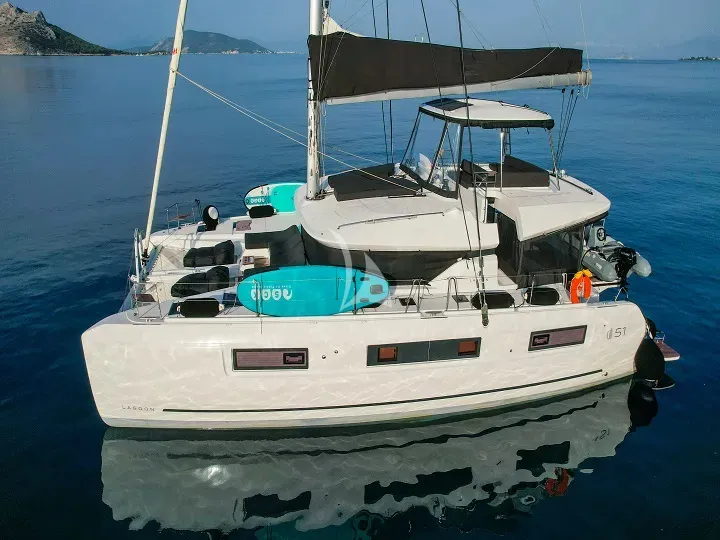 Exterior view of Aegeus, a Lagoon 51 catamaran at Athens, Greece