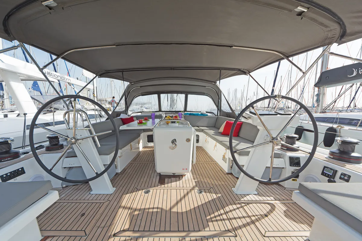 Cockpit of Calypso, a Beneteau Oceanis 51.1 sailboat at Municipal Unit of Lefkada, Greece