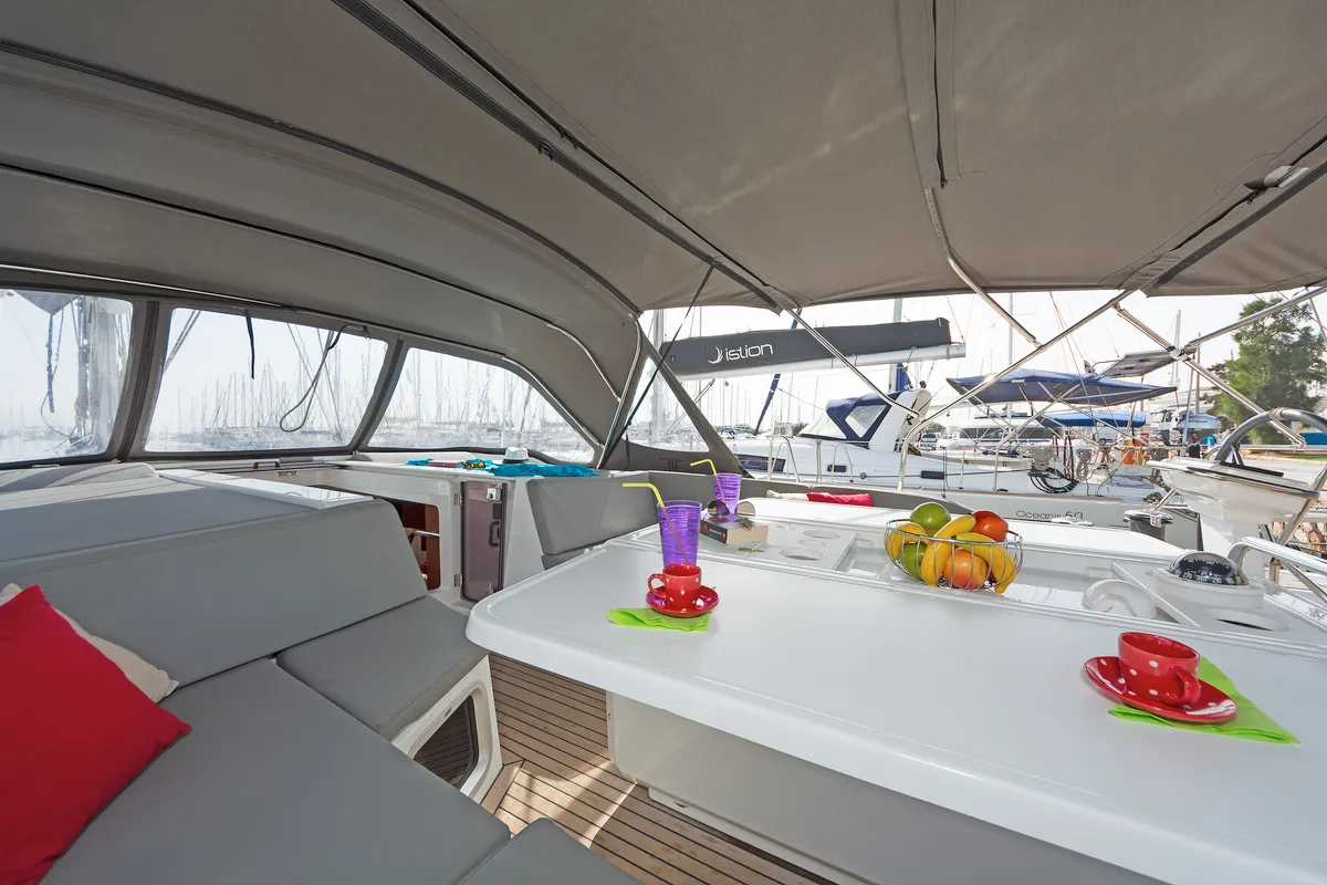 Deck of Calypso, a Beneteau Oceanis 51.1 sailboat at Municipal Unit of Lefkada, Greece