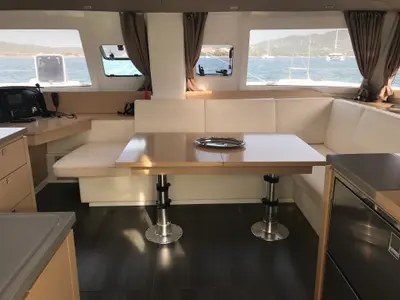 Salon of Pixie Dixie, a Fountaine Pajot Helia 44 catamaran at Olbia, Italy