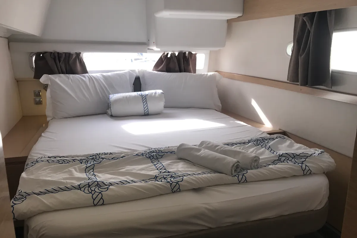 Cabin on Pixie Dixie, a Fountaine Pajot Helia 44 catamaran at Olbia, Italy