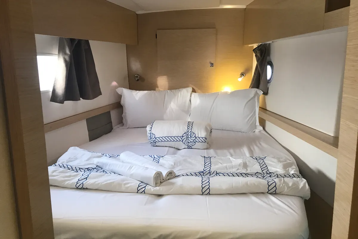Cabin on Pixie Dixie, a Fountaine Pajot Helia 44 catamaran at Olbia, Italy