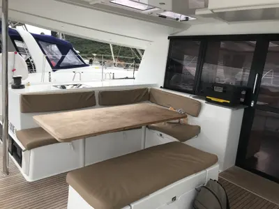 Deck of Pixie Dixie, a Fountaine Pajot Helia 44 catamaran at Olbia, Italy