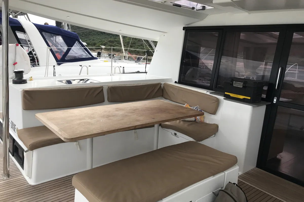 Deck of Pixie Dixie, a Fountaine Pajot Helia 44 catamaran at Olbia, Italy