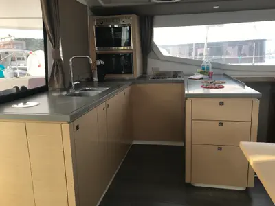 Galley of Pixie Dixie, a Fountaine Pajot Helia 44 catamaran at Olbia, Italy