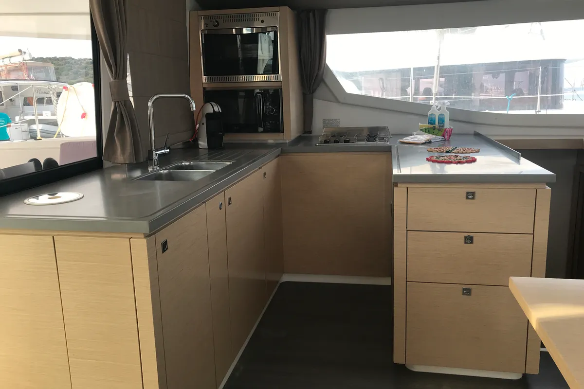 Galley of Pixie Dixie, a Fountaine Pajot Helia 44 catamaran at Olbia, Italy