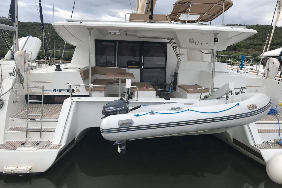 Exterior view of Pixie Dixie, a Fountaine Pajot Helia 44 catamaran at Olbia, Italy