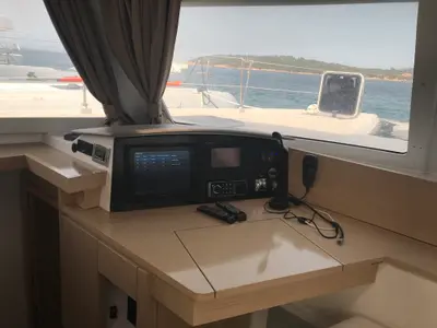 Cockpit of Pixie Dixie, a Fountaine Pajot Helia 44 catamaran at Olbia, Italy