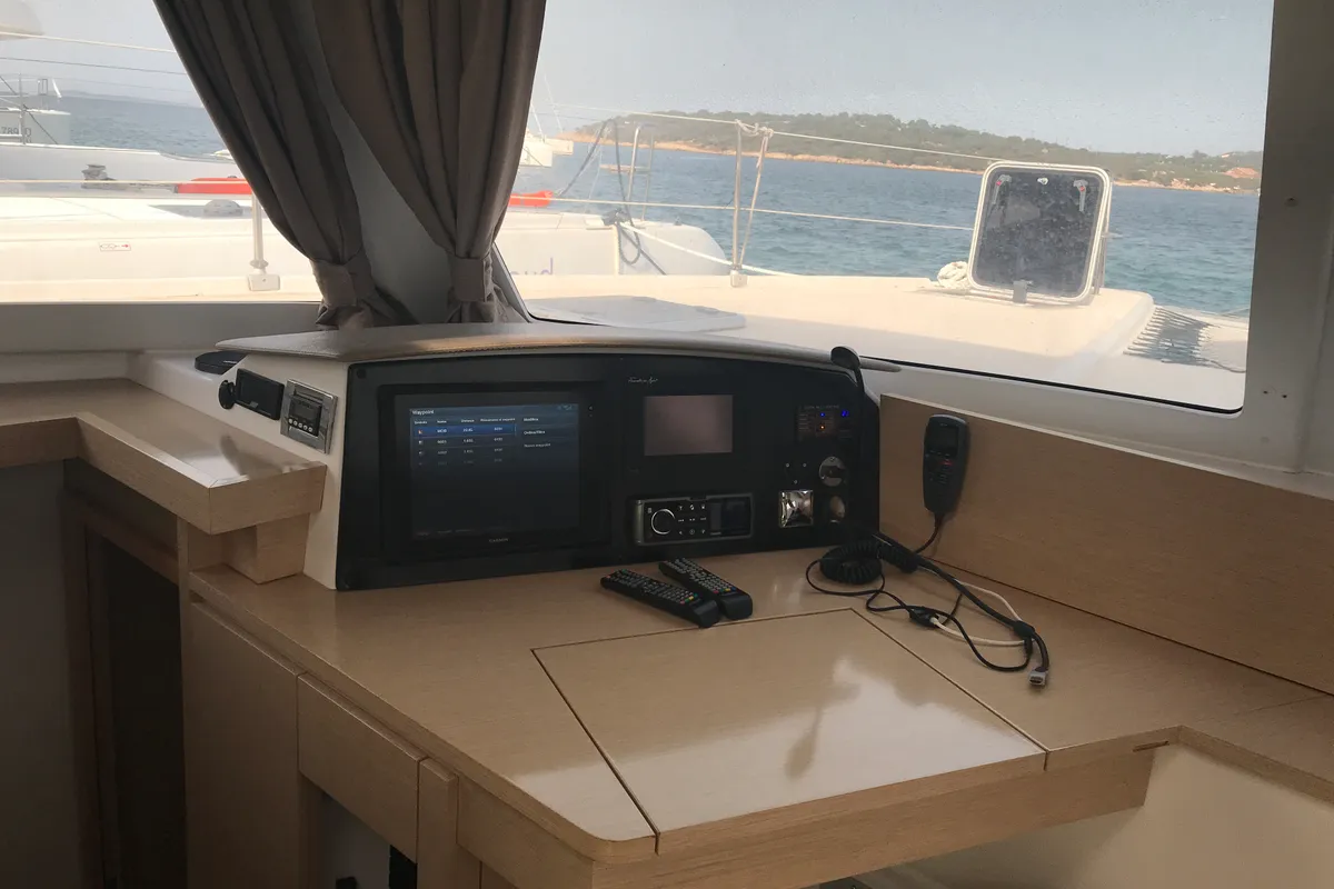 Cockpit of Pixie Dixie, a Fountaine Pajot Helia 44 catamaran at Olbia, Italy