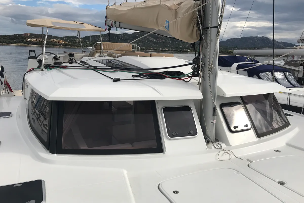 Deck of Pixie Dixie, a Fountaine Pajot Helia 44 catamaran at Olbia, Italy
