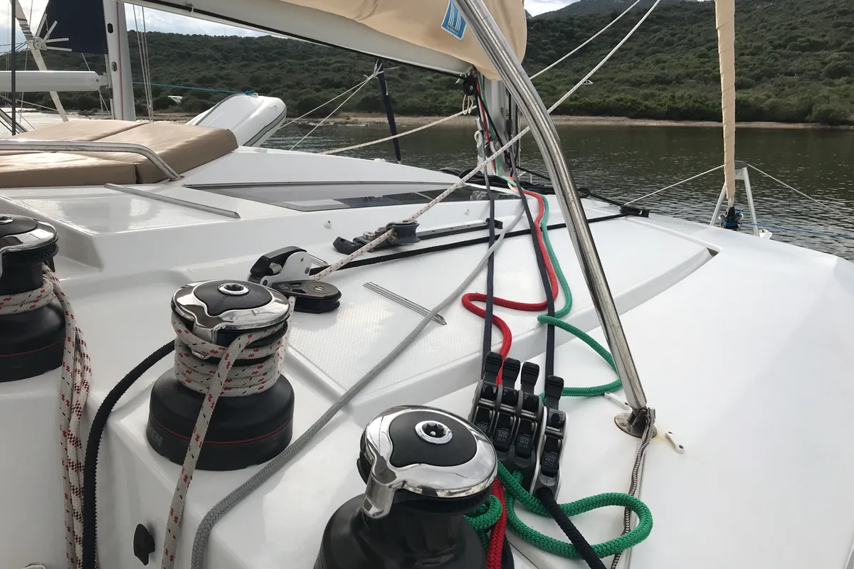 Deck of Pixie Dixie, a Fountaine Pajot Helia 44 catamaran at Olbia, Italy