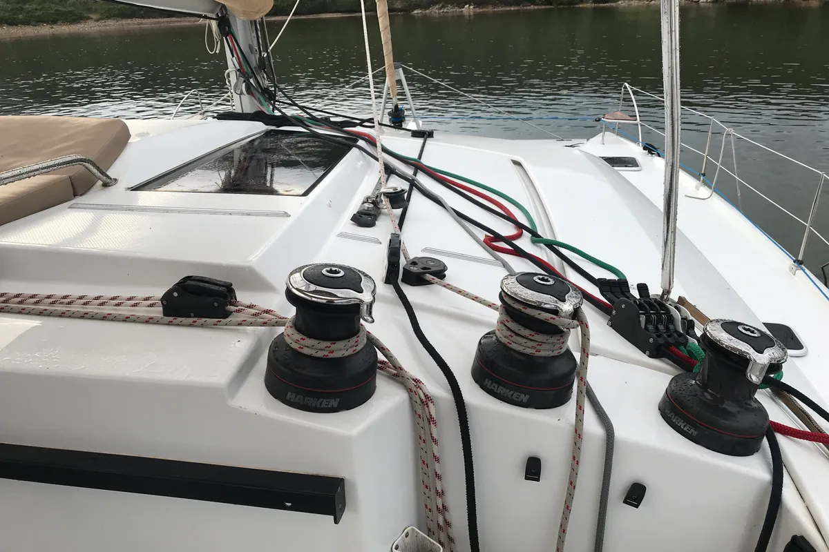 Deck of Pixie Dixie, a Fountaine Pajot Helia 44 catamaran at Olbia, Italy