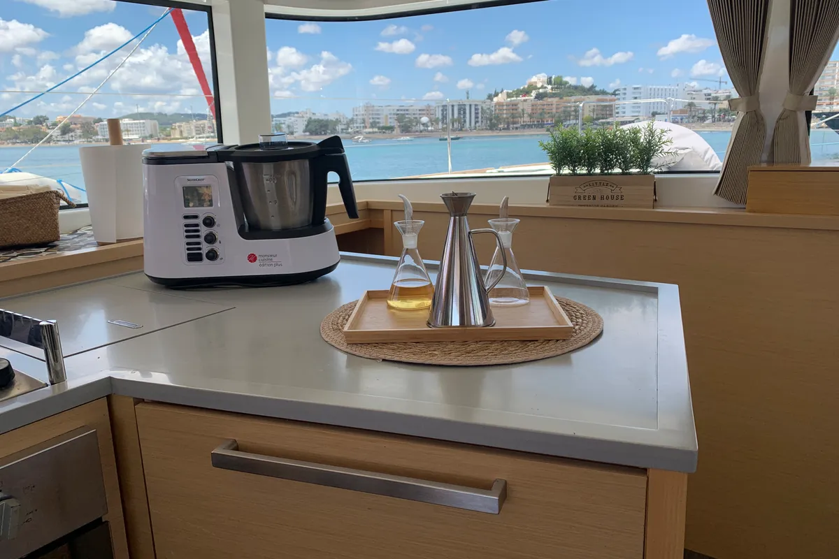 Galley of Lagoon 52, a catamaran at Santa Eulària des Riu, Spain
