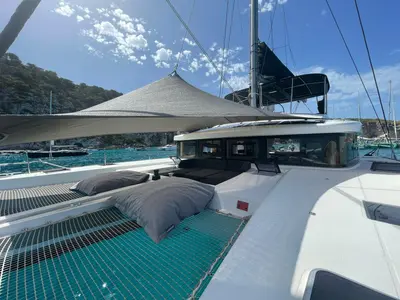 Deck of Lagoon 52, a catamaran at Santa Eulària des Riu, Spain