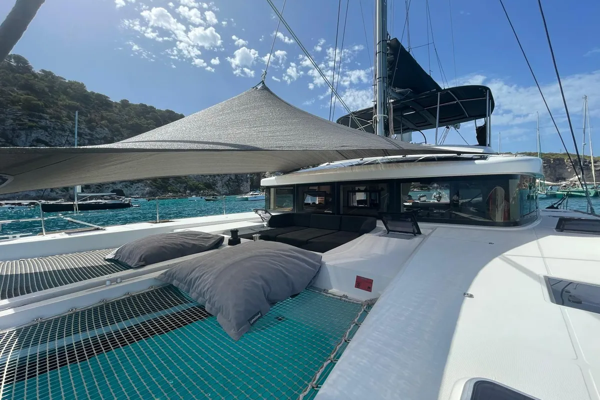 Deck of Lagoon 52, a catamaran at Santa Eulària des Riu, Spain