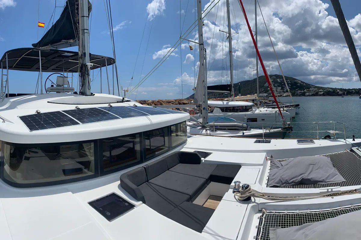 Deck of Lagoon 52, a catamaran at Santa Eulària des Riu, Spain