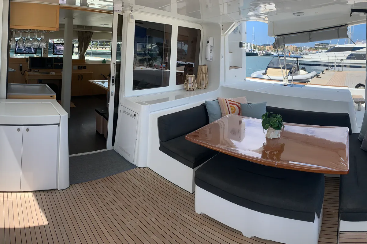 Deck of Lagoon 52, a catamaran at Santa Eulària des Riu, Spain