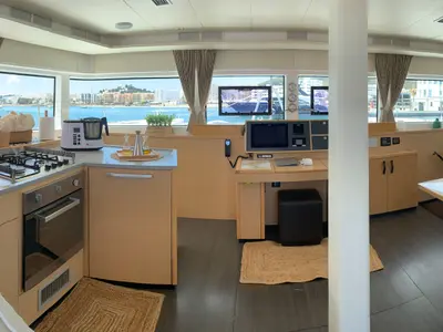 Salon of Lagoon 52, a catamaran at Santa Eulària des Riu, Spain