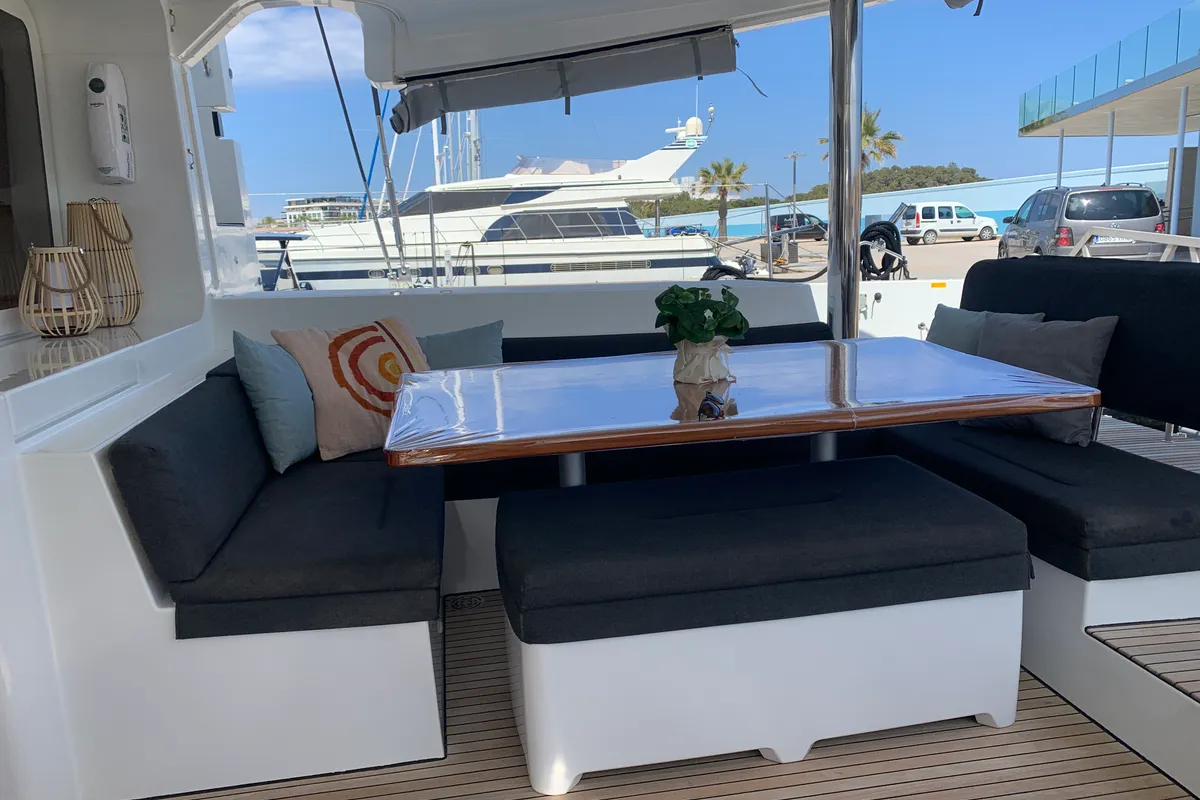 Deck of Lagoon 52, a catamaran at Santa Eulària des Riu, Spain