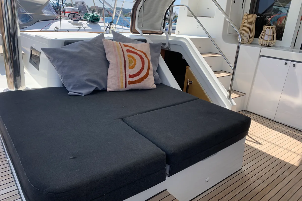 Deck of Lagoon 52, a catamaran at Santa Eulària des Riu, Spain