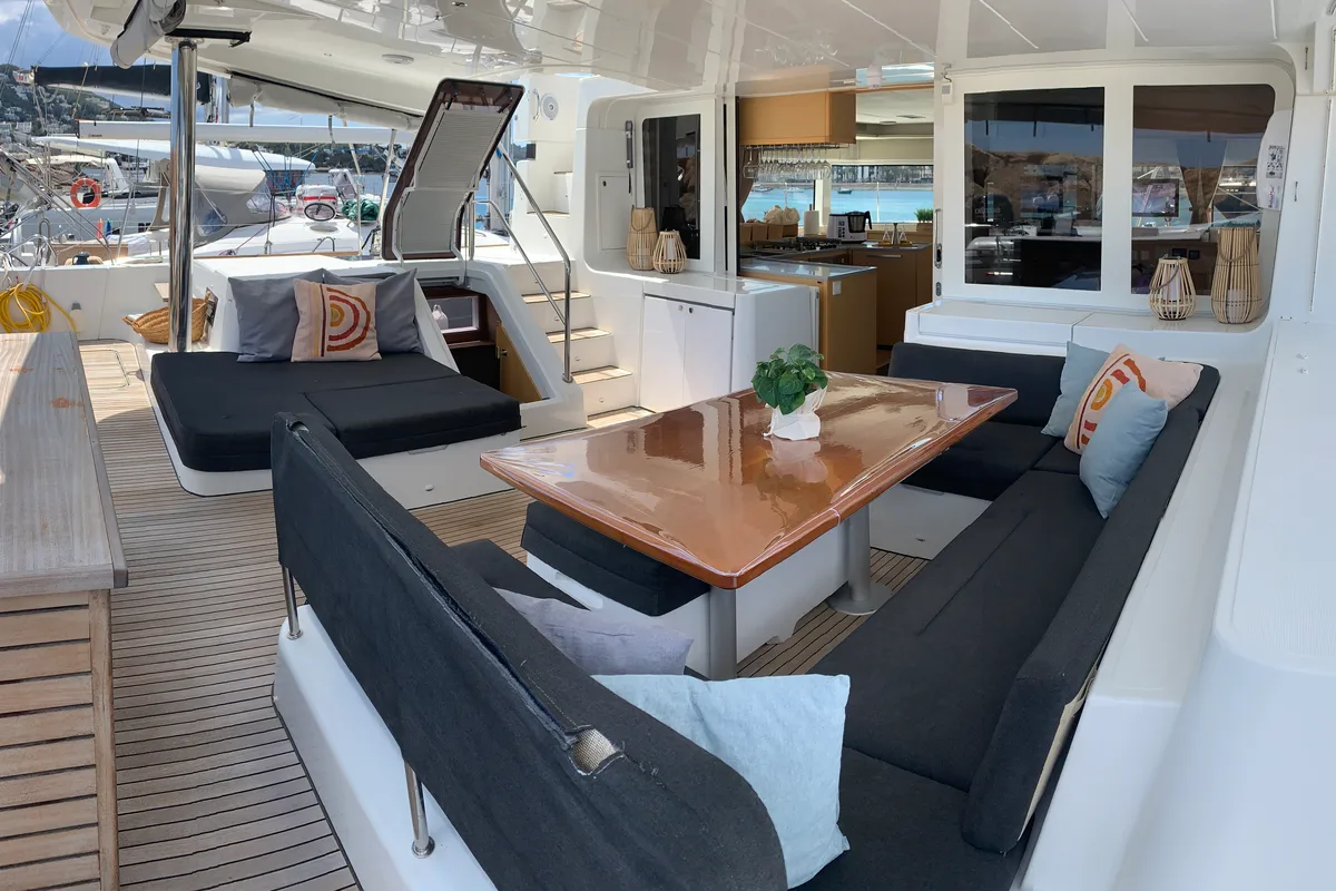 Deck of Lagoon 52, a catamaran at Santa Eulària des Riu, Spain