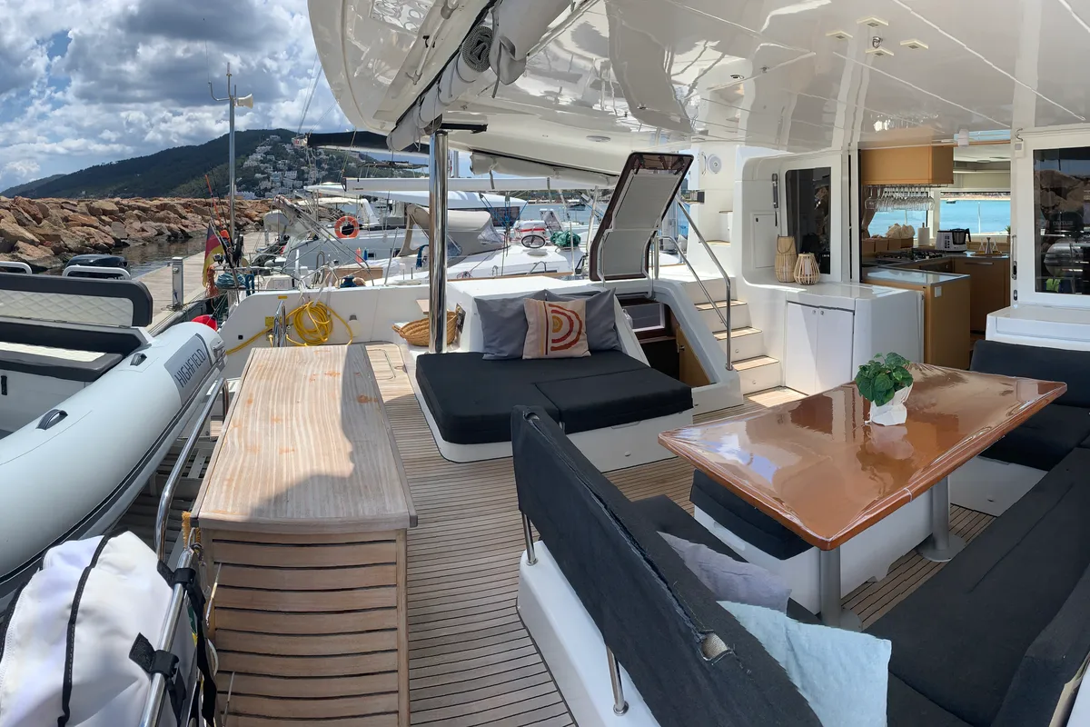 Deck of Lagoon 52, a catamaran at Santa Eulària des Riu, Spain