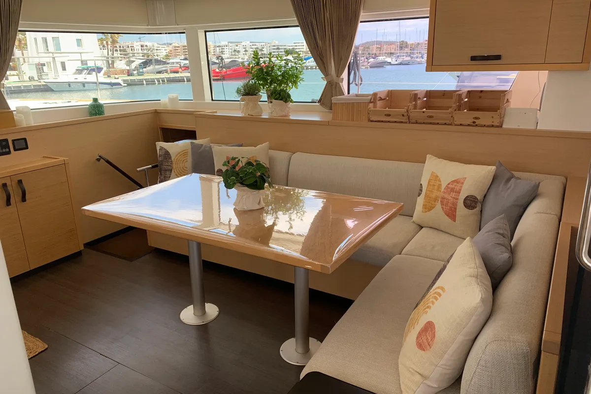 Salon of Lagoon 52, a catamaran at Santa Eulària des Riu, Spain