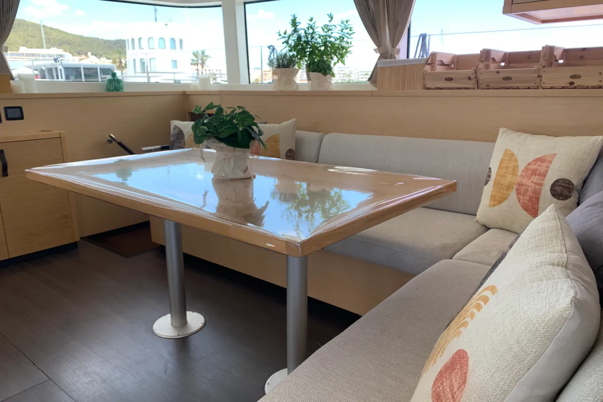Salon of Lagoon 52, a catamaran at Santa Eulària des Riu, Spain