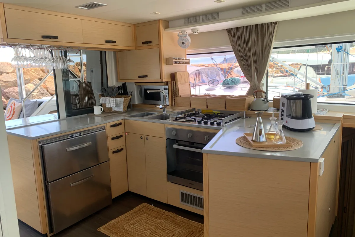 Galley of Lagoon 52, a catamaran at Santa Eulària des Riu, Spain
