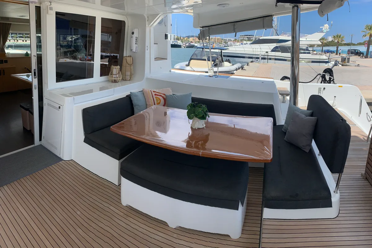 Deck of Lagoon 52, a catamaran at Santa Eulària des Riu, Spain
