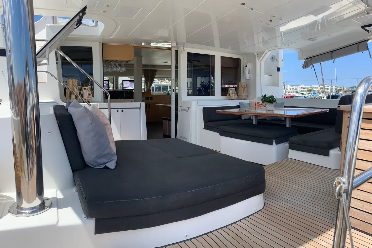Deck of Lagoon 52, a catamaran at Santa Eulària des Riu, Spain
