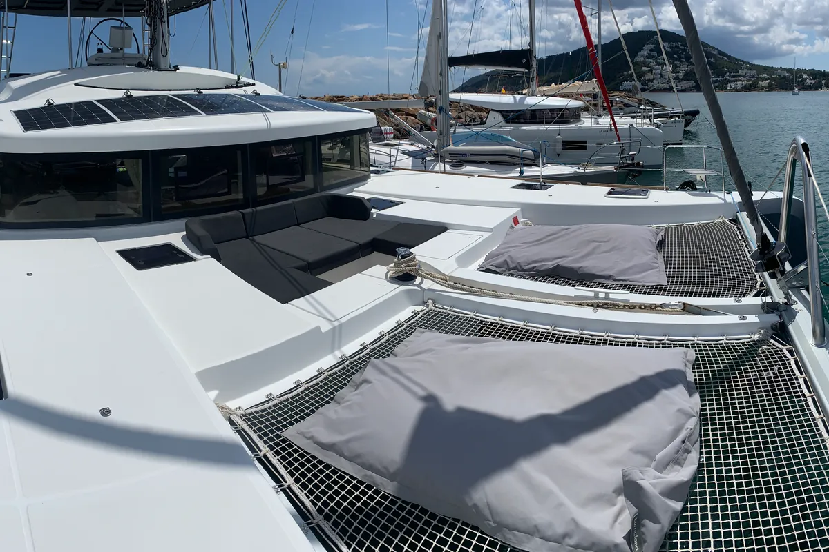 Deck of Lagoon 52, a catamaran at Santa Eulària des Riu, Spain