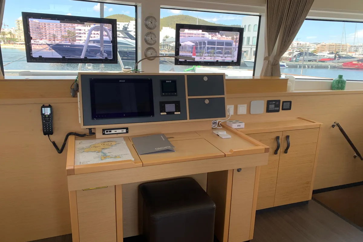 Cockpit of Lagoon 52, a catamaran at Santa Eulària des Riu, Spain