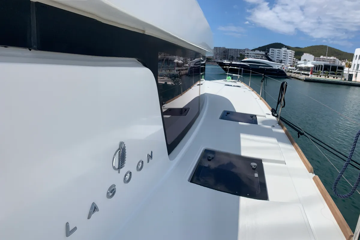 Exterior view of Lagoon 52, a catamaran at Santa Eulària des Riu, Spain