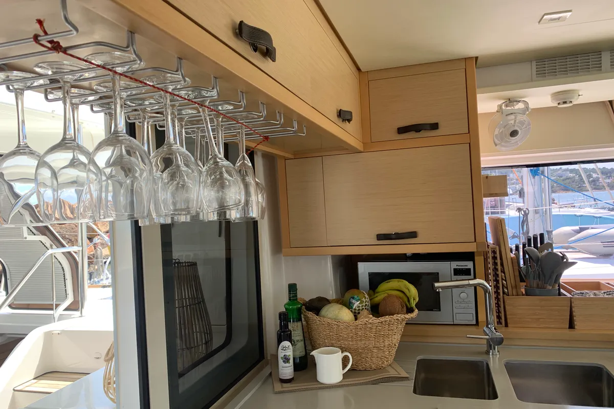 Galley of Lagoon 52, a catamaran at Santa Eulària des Riu, Spain