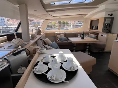 Salon of My Precious ''E'', a Fountaine Pajot Aura 51 catamaran at Municipal Unit of Ellomenos, Greece