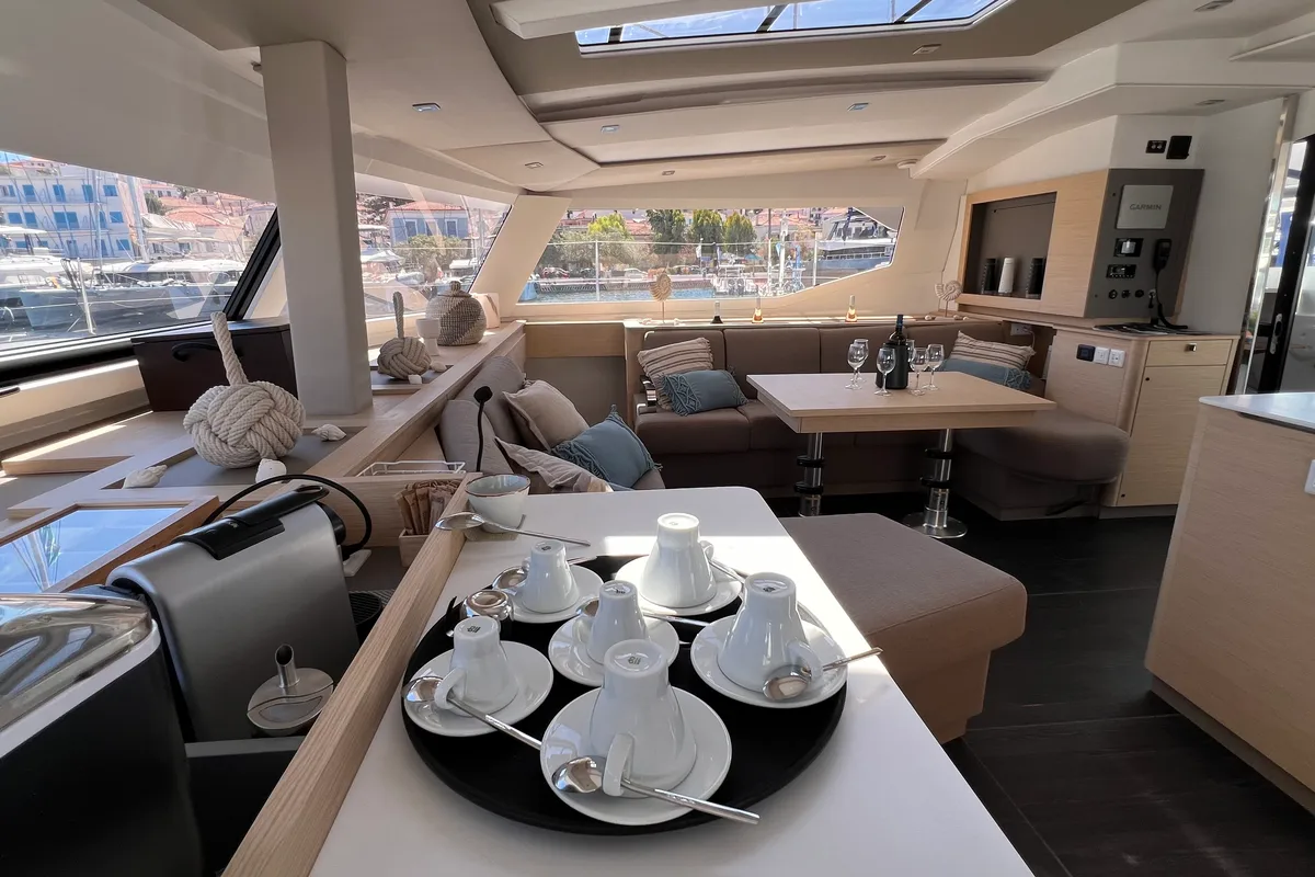 Salon of My Precious ''E'', a Fountaine Pajot Aura 51 catamaran at Municipal Unit of Ellomenos, Greece