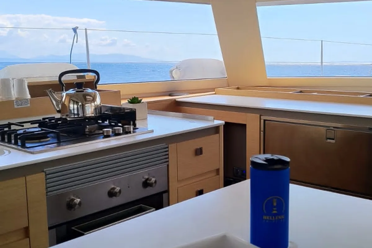 Galley of My Precious ''E'', a Fountaine Pajot Aura 51 catamaran at Municipal Unit of Ellomenos, Greece
