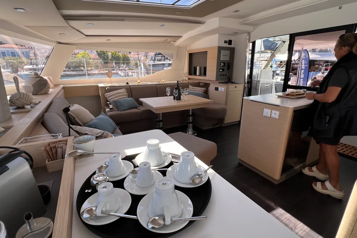 Salon of My Precious ''E'', a Fountaine Pajot Aura 51 catamaran at Municipal Unit of Ellomenos, Greece