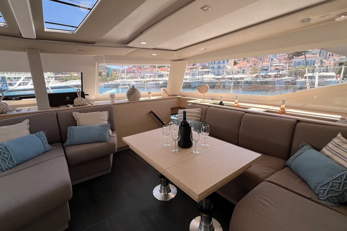 Salon of My Precious ''E'', a Fountaine Pajot Aura 51 catamaran at Municipal Unit of Ellomenos, Greece