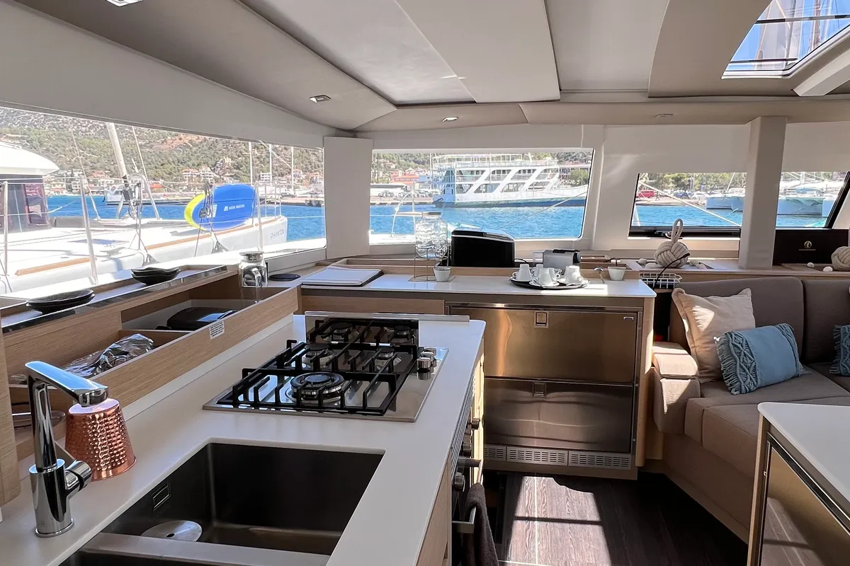 Galley of My Precious ''E'', a Fountaine Pajot Aura 51 catamaran at Municipal Unit of Ellomenos, Greece