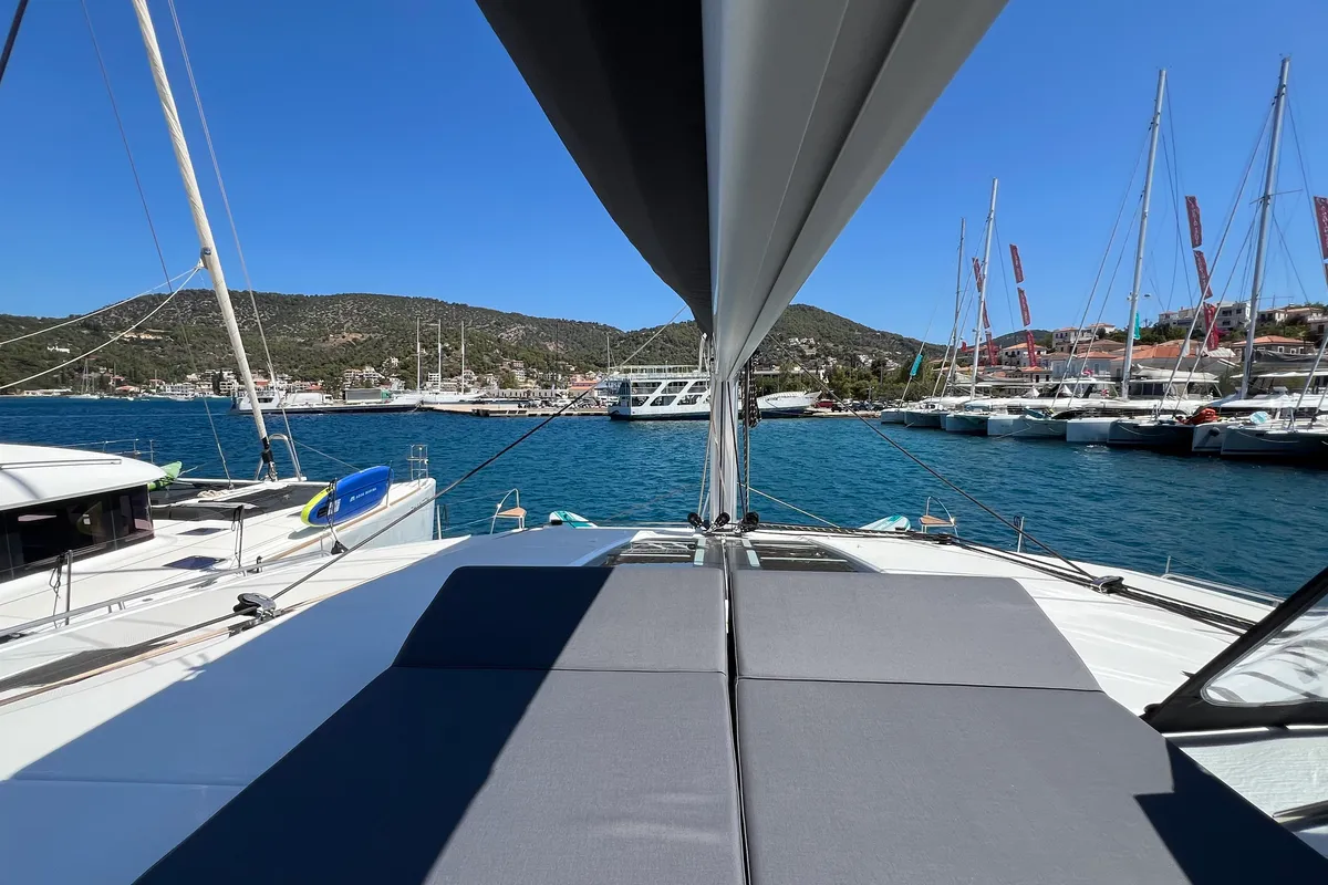 Deck of My Precious ''E'', a Fountaine Pajot Aura 51 catamaran at Municipal Unit of Ellomenos, Greece