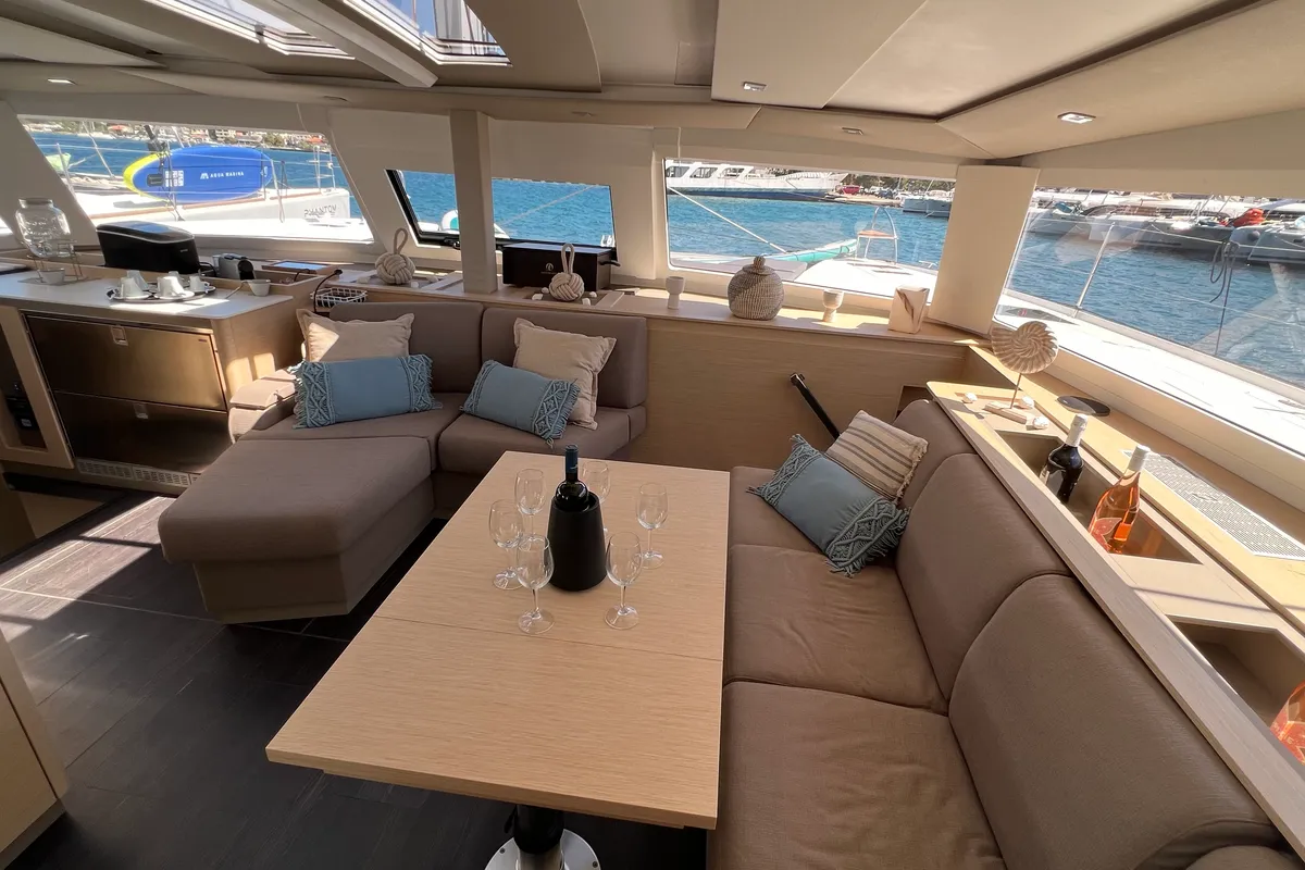 Salon of My Precious ''E'', a Fountaine Pajot Aura 51 catamaran at Municipal Unit of Ellomenos, Greece